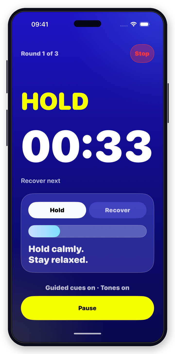 Hold phase screen with a large breath-hold timer