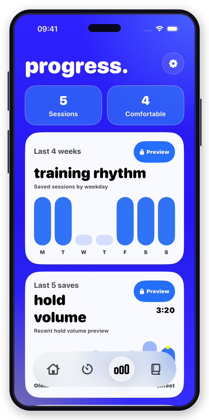 Progress screen showing recent sessions and training rhythm