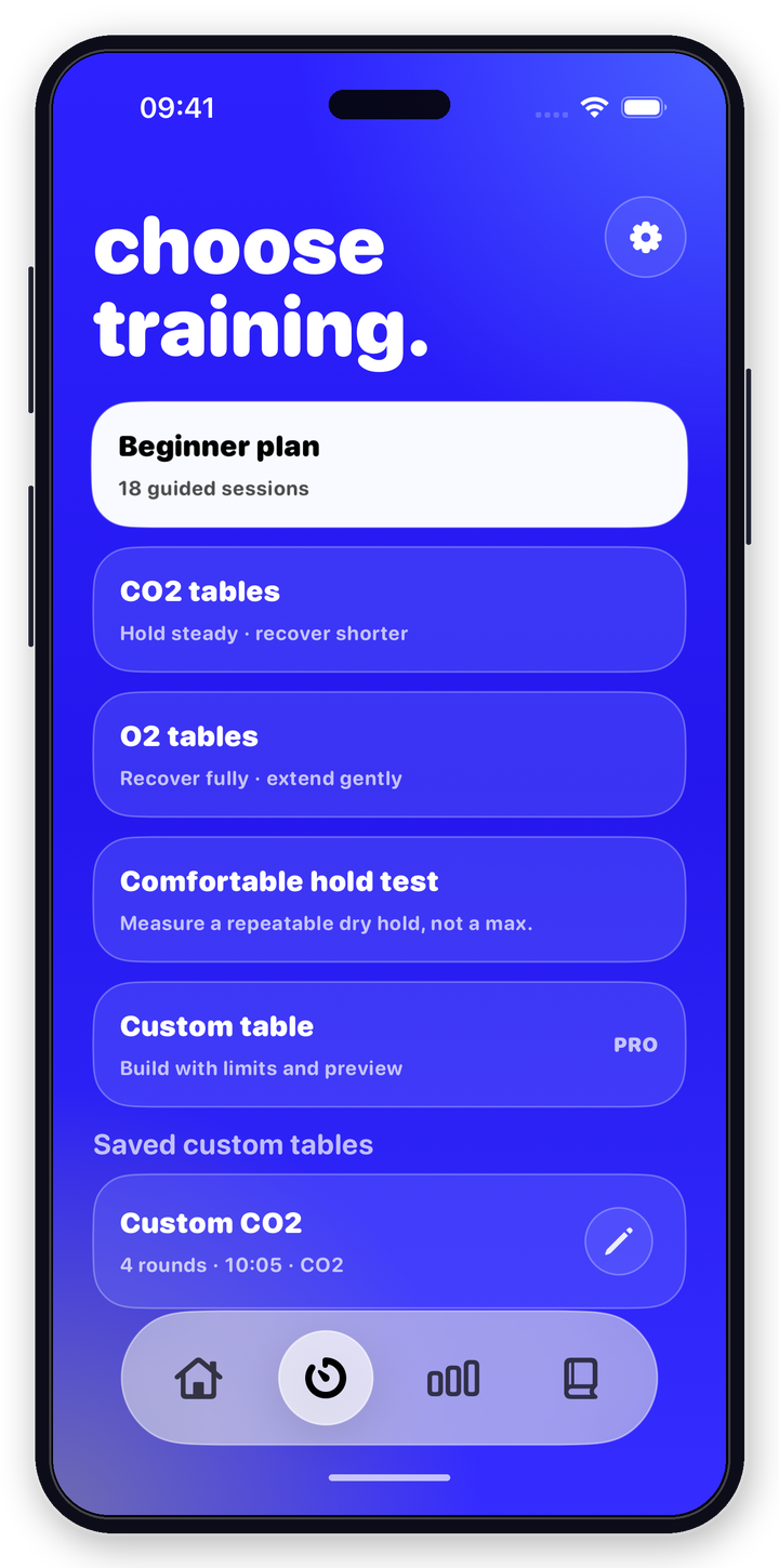 Static choose training screen with beginner plan and table options
